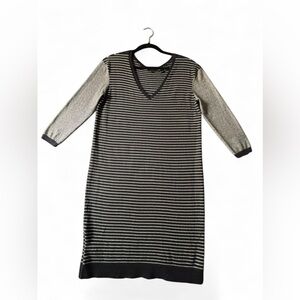 Ann Taylor Striped Knit Dress Tunic V-Neck 3/4 Sleeve Black White Size M NWOT